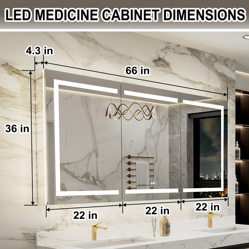 36 in. H Recessed/Surface Mount LED Medicine Cabinet with Mirror And GFCI Power-Off, 36" H x 66" W x 5" D