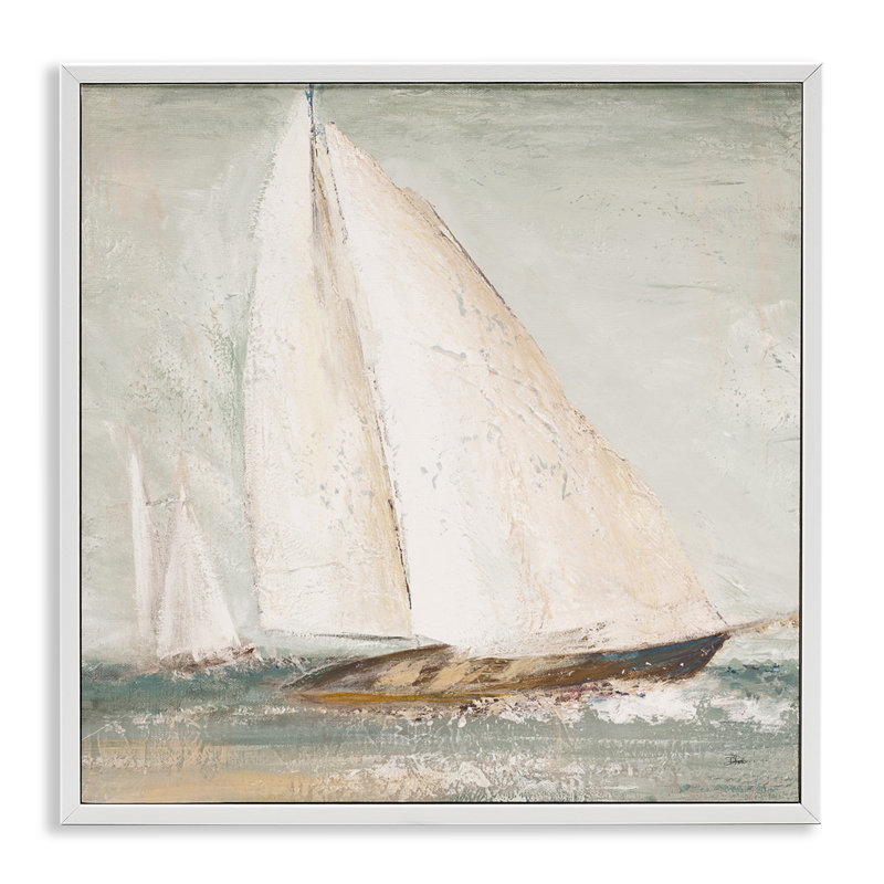 Giclée sur voilier rétro par Patricia Pinto, Giclée encadrée blanc bord de mer, H 17 po x l 17 po