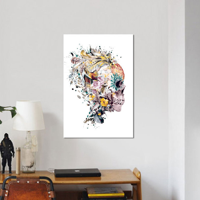 Impression sur toile, "momento mori vii" floral crâne series, H 26 po x l 18 po x P 1,5 po, Toile tendue, Pas de tapis