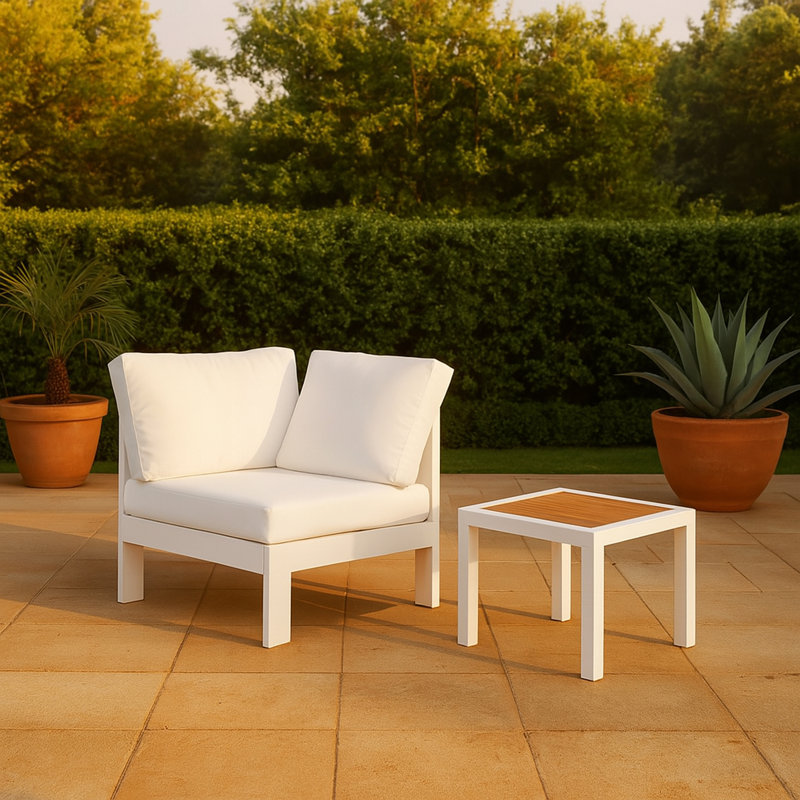 Chaise de patio avec coussins Lajoy, Blanc, Blanc