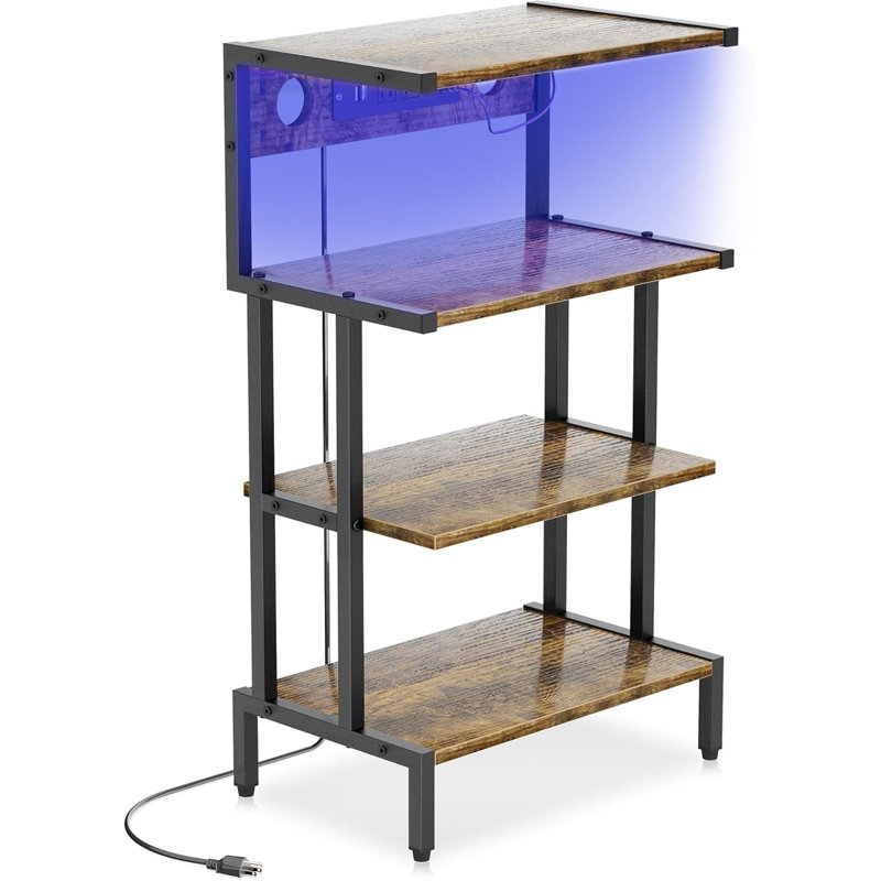 4-Tier Media Console Stand With Built-In Outlet & LED Light Strip - Gaming Storage Shelf For Audio Equipment, DVD Players And Entertainment Centers