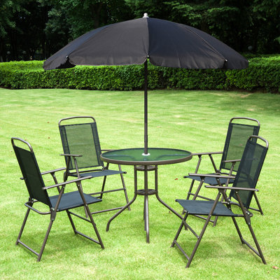 Ensemble bistro de patio 6 pièces avec 4 chaises pliantes, une table ronde en verre et un grand parasol extérieur
