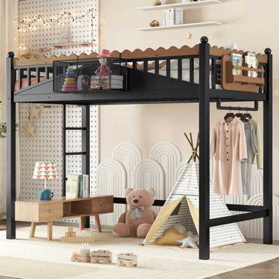 Twin XL Size Loft Bed With Ladders, Metal Loft Bed With Storage Shelves And Bookshelf, No Box Spring Needed And Chic Design