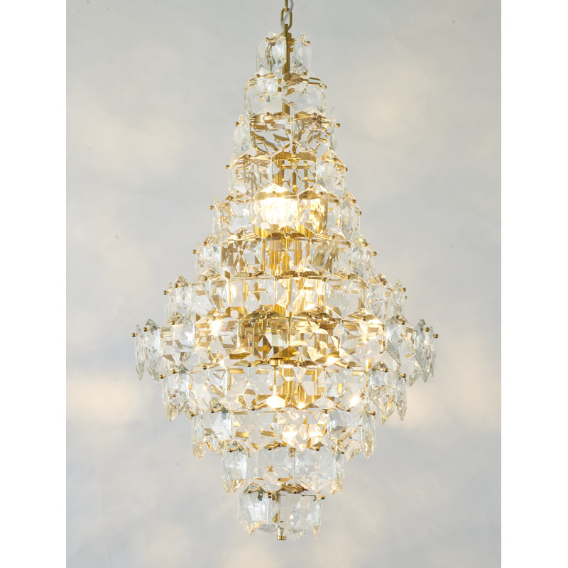 Lustre en acier inoxydable en laiton 15 lumières avec accents en cristal transparent, Laiton