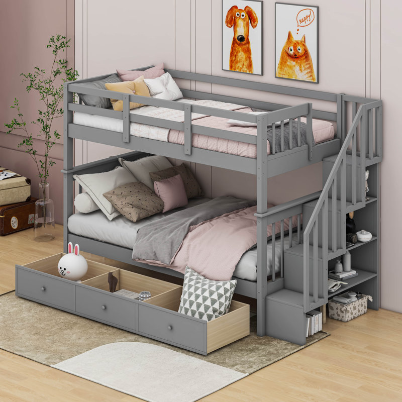Hawah Kids Twin Over Twin Bunk Bed, Grey