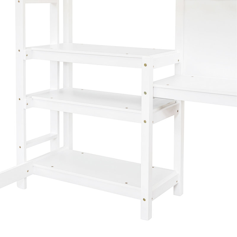 Lit mezzanine double en bois blanc avec tablettes et bureau. Fabrication en pin. Maximisez l'efficacité de l'espace. Polyvalent pour étudier et se détendre. Aucun sommier tapissier requis. L 79,5 po x l 57 po x H 65 po. Supports