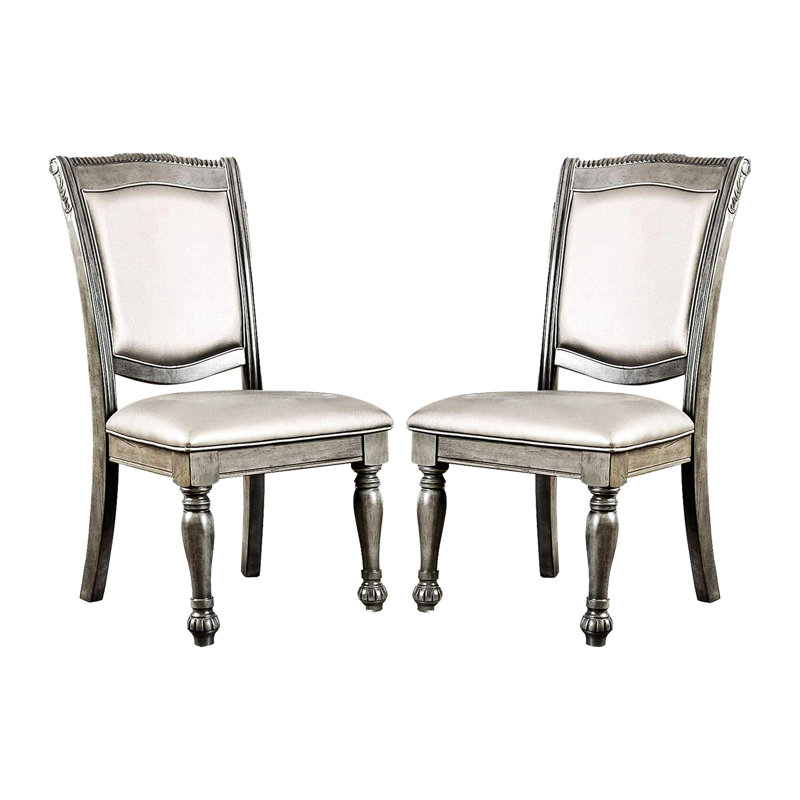 Chaises de salle à manger grises et argentées pour 2 - paire de meubles de salle rembourrés, chaises, siège rembourré, pieds tournés, style chic