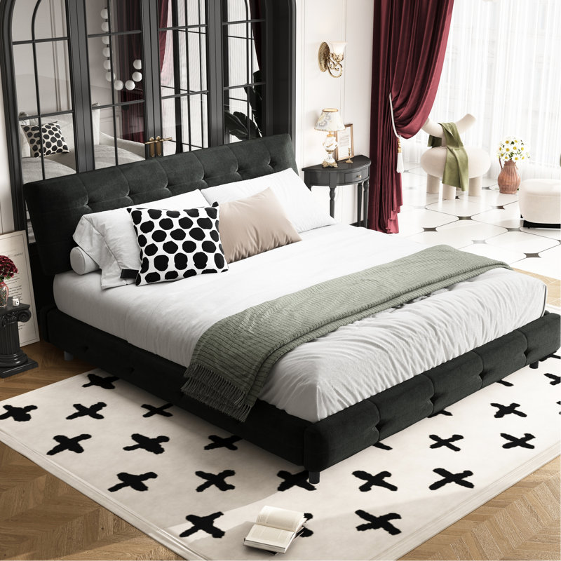 Cadre de lit King Size en chenille noire avec tête de lit et oreiller moelleux, sommier à lattes en pin massif pour un sommeil stable et confortable