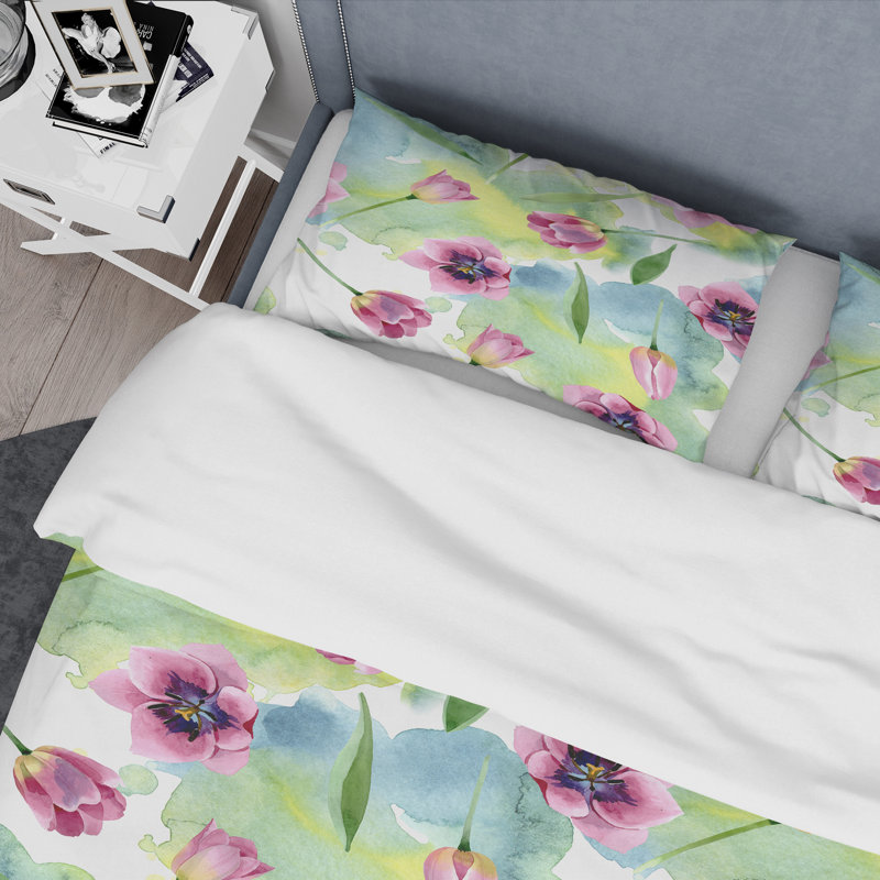 Ensemble de housse de couette en microfibre rose / vert / mauve / jaune, Housse de couette pour très grand lit et 2 très