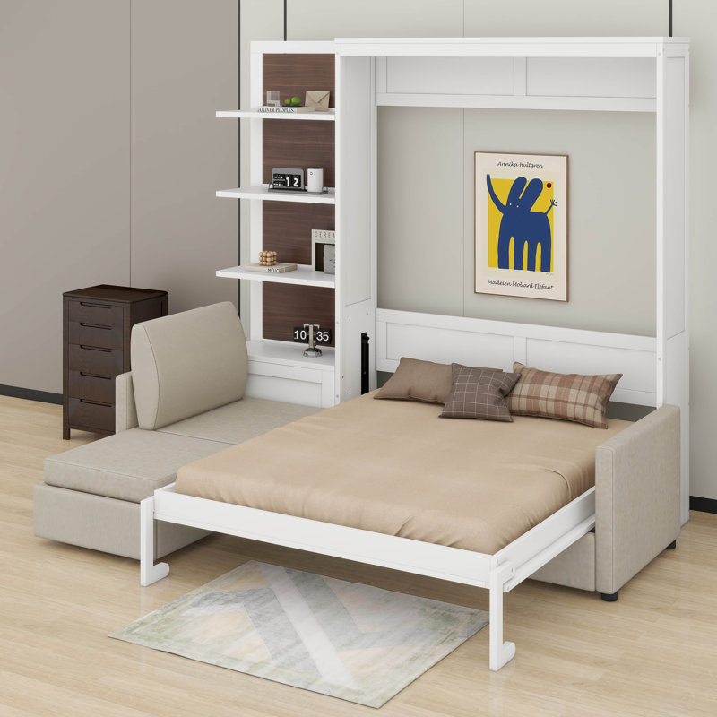 Grand lit escamotable avec tablettes, Blanc
