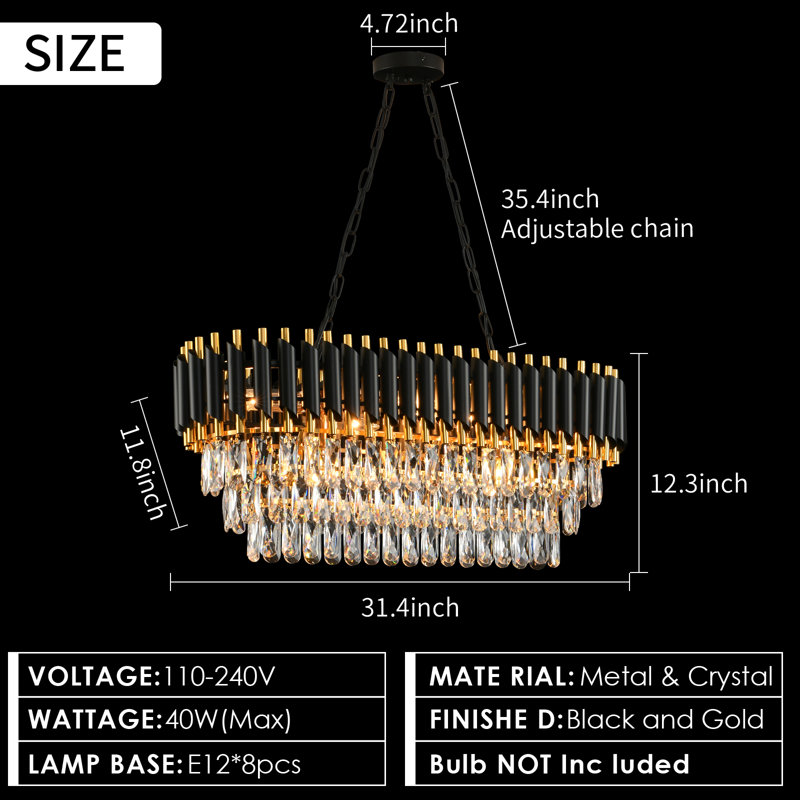 Lustre en cristal moderne noir et doré 8 lumières pour salle à manger