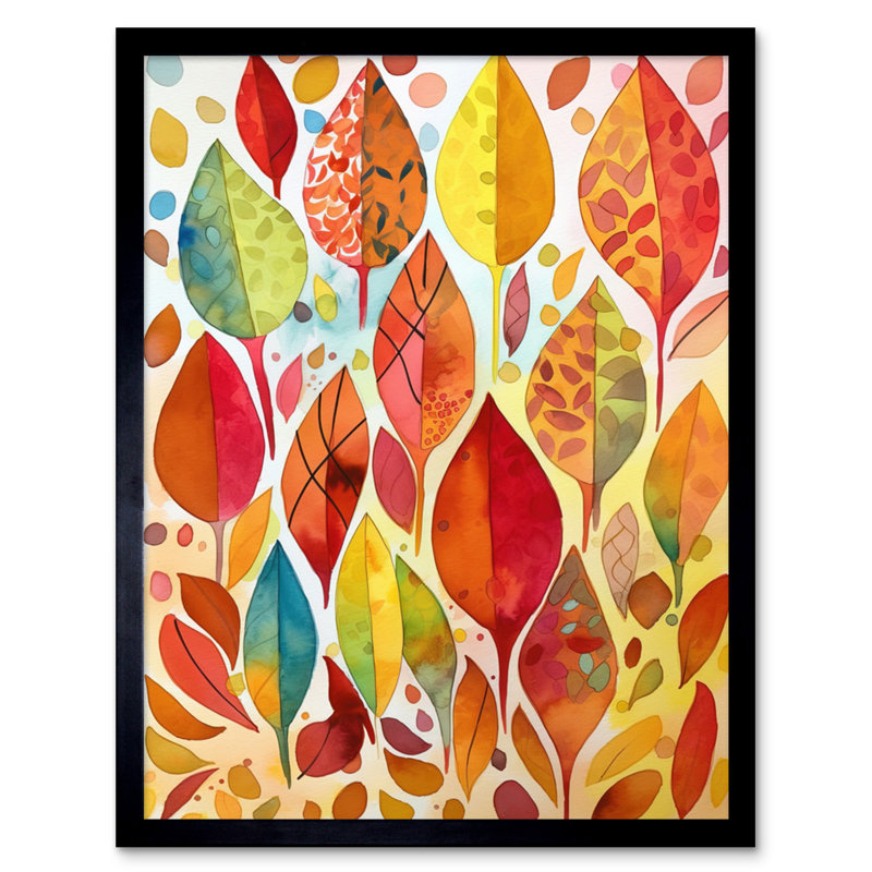 Autumn Leaves With Multicoloured Patterns Folk Art Watercolour Painting Artwork Framed Wall Art Print 9X7 Inch