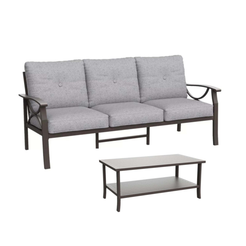 2 Piece Outdoor Patio Set With 70” All-Weather 3-Seat Metal Sofa And Rectangular Coffee Table, Plush Cushions, Rust-Resistant Frame