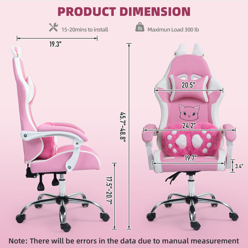 Cute Gaming Chair with Cat Paw Lumbar Cushion and Cat Ears, Ergonomic Computer Chair,Reclining PC Game Chair for Girl