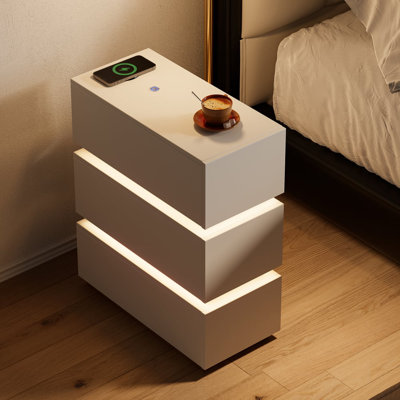 Narrow 3-Drawer LED Smart White Bedside Table with Wireless ChargerNarrow White 3-Drawer Smart Bedside Table with Adjustable LED Light, Wireless Charger, USB & Type-C Ports, Soft Close Drawers
