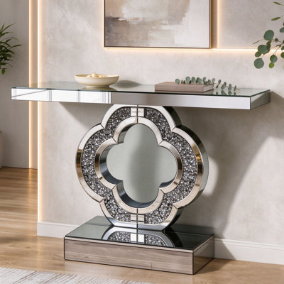 Console à miroir avec incrustation de cristal concassé en forme de trèfle, table d'entrée à miroir biseauté, canapé décoratif Glam pour vestibule de vestibule