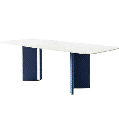 Stainless Steel Dining Table With Stain- Rock Plate And Woven Leather - 71.82 In Long Luxury Snow Mountain Stone Fashionable White Color