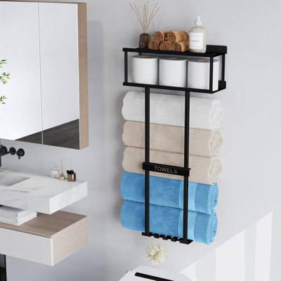 Bathroom Towel Storage Rack, Towel Organizer with Storage Basket, Metal Bathroom Towel Holder with Shelf, Towel Rack with 3 Hooks for RV, Apt, Small Bathroom, Holds 5 Large Towels, (Black)