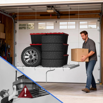 Support de rangement pour le dessus du garage, support de plafond robuste en acier au carbone 4 x 4 pi, système d'organisation réglable, charge sécuritaire de 350 lb (testée à 600 lb), conception à manivelle manuelle