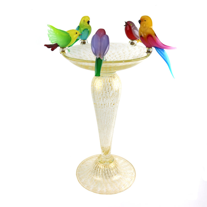 Bain d'oiseaux en verre de Murano avec 5 oiseaux