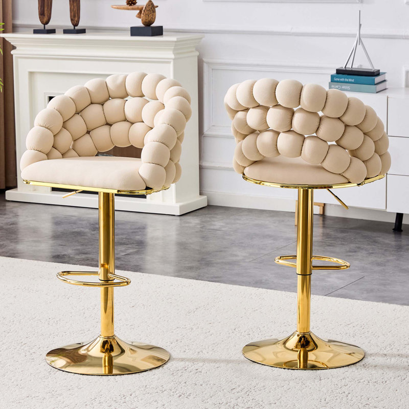 Ensemble de 2 tabourets de bar beige en velours à chaîne boule avec pieds dorés, capitonné moderne réglable pour la cuisine et la maison