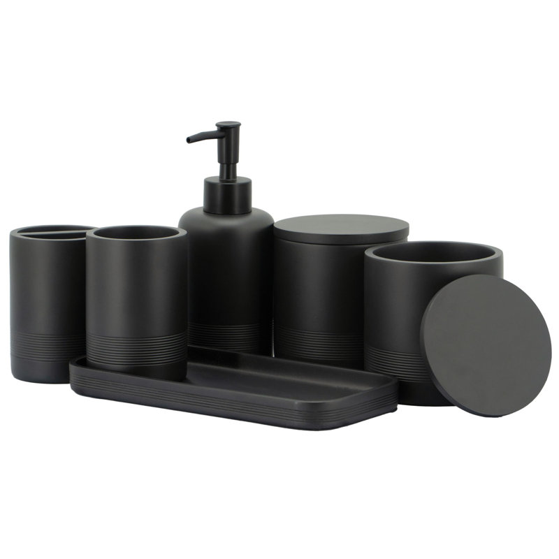 Black Matte Bathroom Accessories Set 6 Pieces - Toothbrush Holder, Lotion Dispenser, cotton swab Container, Vanity Tray, Tumbler - Countertop Organizer For Bathrooms - Elegant And Functional Set