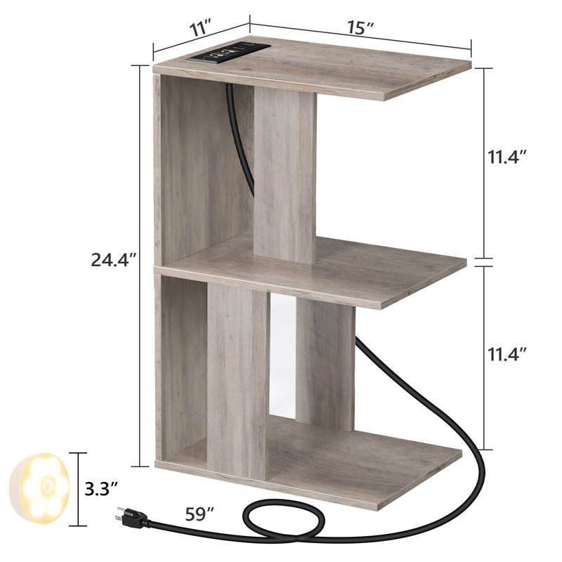 Nikaila 24.4" Tall Narrow End Table with Charging Station and Light, Grey