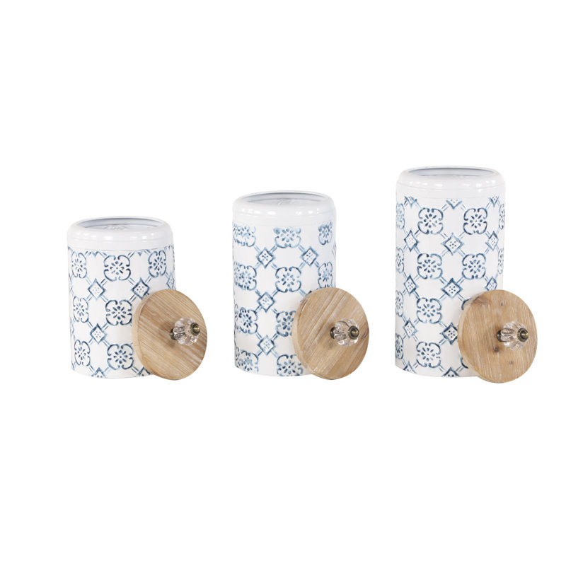 Metal Canister - Set of 3, White/Blue