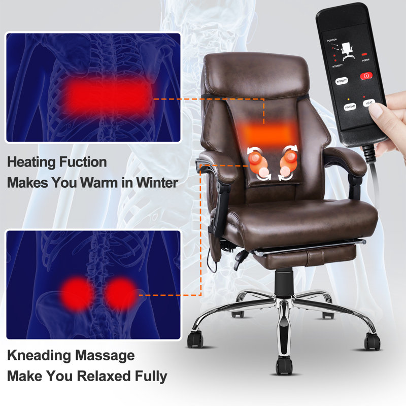 Brown Leather Heated Swivel Executive Office Chair with Footrest
