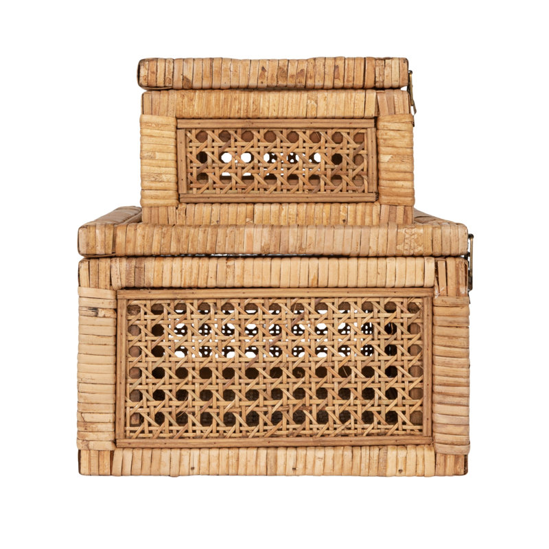 Boîtes de présentation tissées en rotin et en bois avec couvercles en verre, H 4,25 po x l 12,5 po x P 6,75 po, Naturel