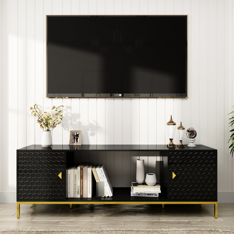 70-Inch Heavy Duty Tv Stand With Cabinet Storage And Open Shelves, Modern Black Media Entertainment Center Console Honeycomb Design, Golden Tapered Legs, Triangular Handles, Adjustable Shelf, Space