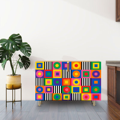 Sideboard Buffet Cabinet with Storage Vibrant Geometric Abstract Art Colorful Squares Stripes with 2 Doors for Living Room and Kitchen
