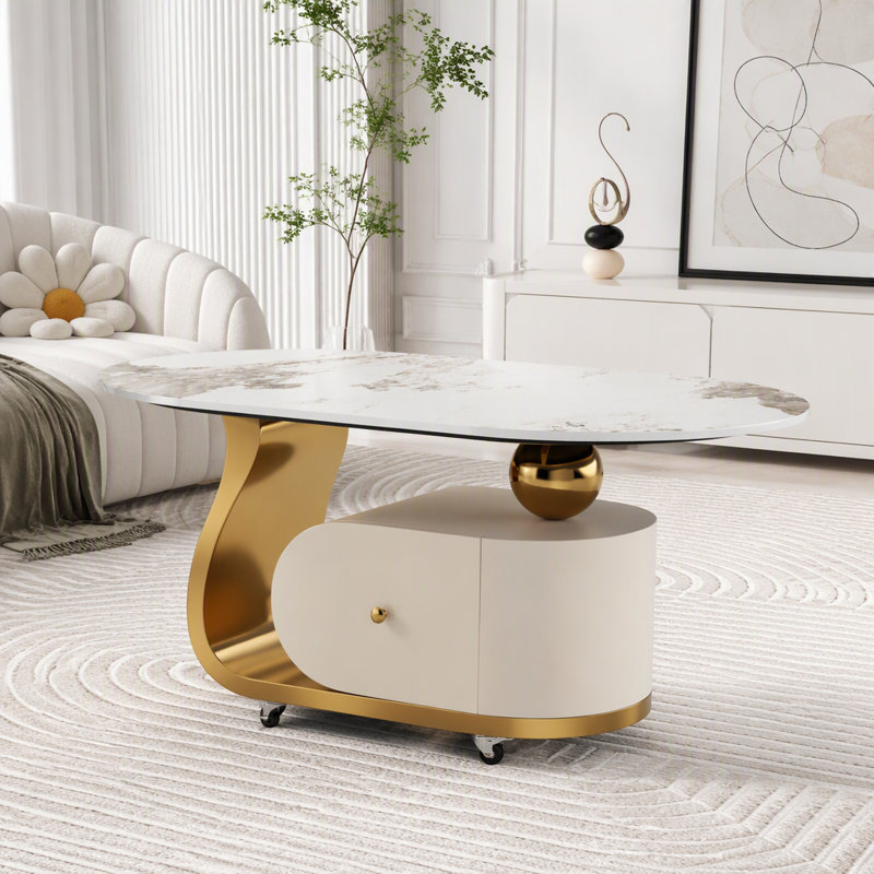 Table basse en pierre frittée avec tiroir, base en acier inoxydable et roulettes verrouillables, Doré