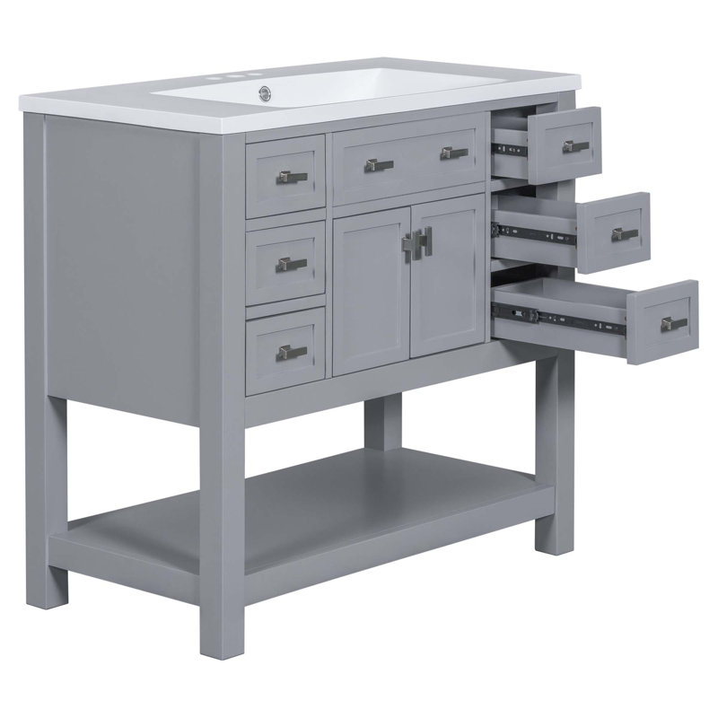 Meuble-lavabo moderne avec lavabo supérieur, 2 portes à fermeture douce et 6 tiroirs, Gris