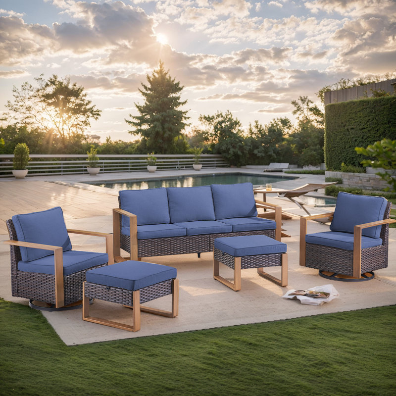 Drazen Wicker Steel Outdoor Seating Group, Blue, Brown