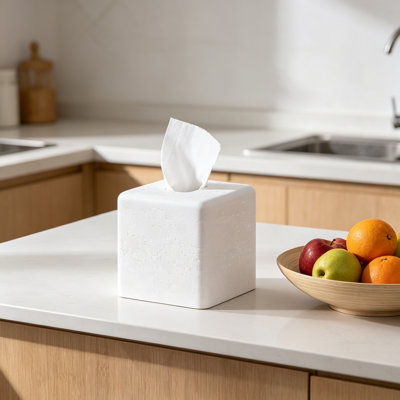 White Natural Travertine Textures Square Tissue Box Cover Holder, Eco-Friendly Resin Decorative Tissue Box for Bathroom, Vanity, Kitchen Countertop, Bedroom Night Stand, Office Desk