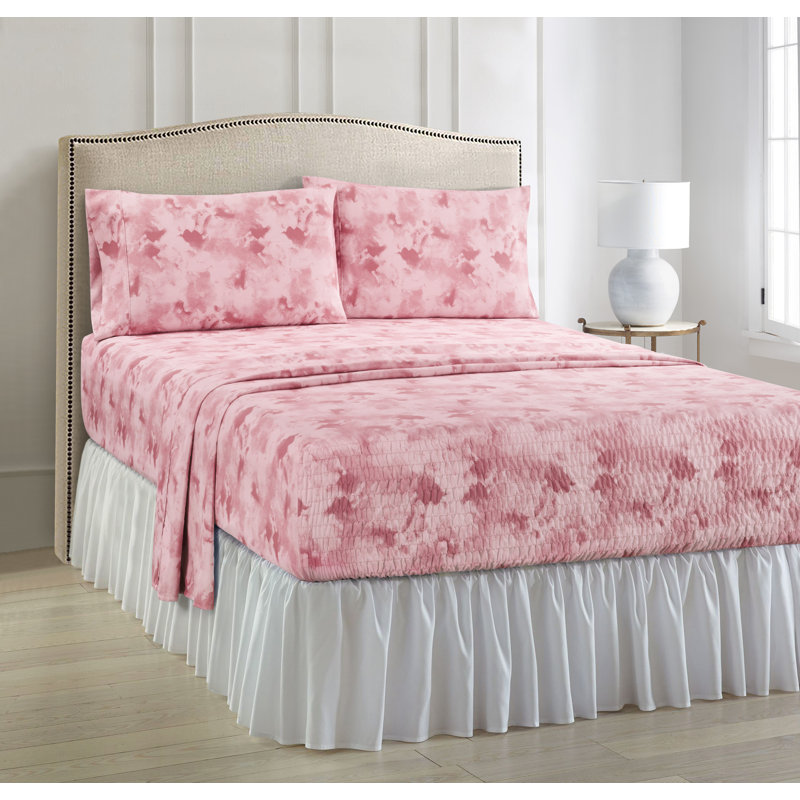 Anti-Wrinkle Soft Microfiber Watercolor BedTite Tight Grip Sheet Set, Queen Sheet Set with 2 Pillowcases, Mauve