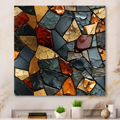 Carreaux de mosaïque dorés et bleus II - tuile abstraite, art mural en métal
