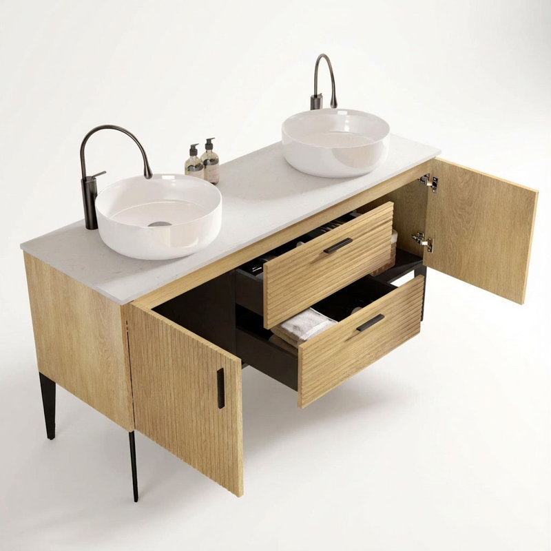 Meuble-lavabo double 60 po avec plateau en pierre reconstituée et vasques en céramique