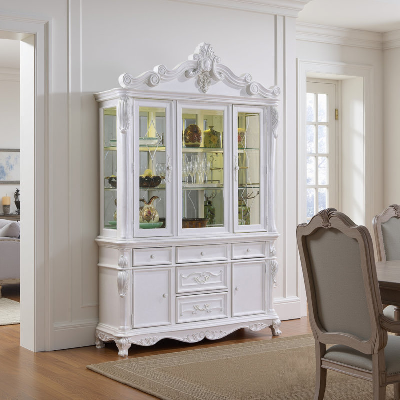 Buffet et huche Zenie, bois massif blanc avec détails sculptés, Blanc