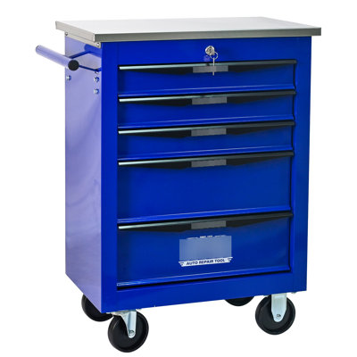 Chariot à outils d'atelier à 5 tiroirs avec roulettes, noir et bleu, avec toit en acier inoxydable, tiroirs verrouillables, chariot universel à 4 poignées et chariot en métal bleu, 4 po
