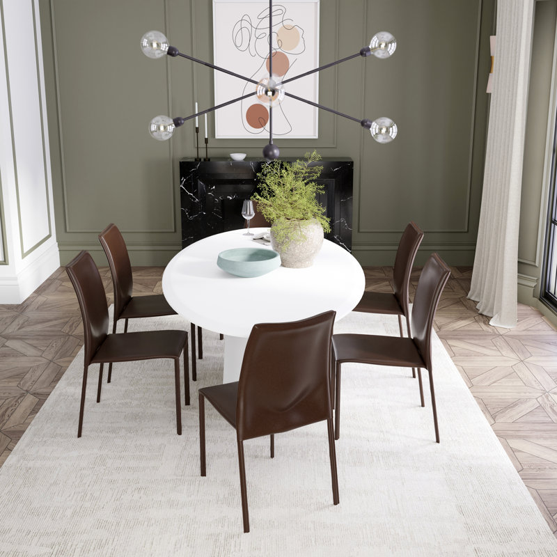 Deodat 79" Dining Table In Matte White And 6 Dalia Chairs In Brown, Brown