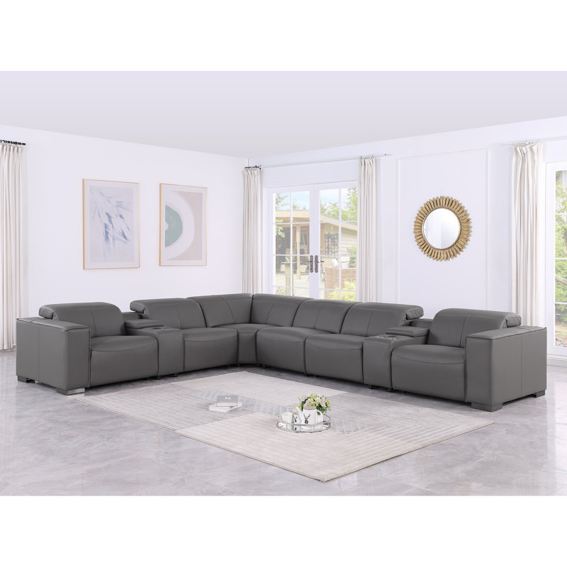 Covina Luxurious Genuine Leather 8-Piece Sectional With 4 Power Reclining Seats & Power Headrest, Gray