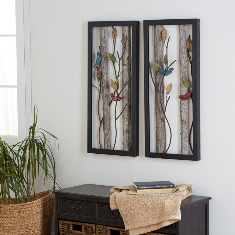Black Metal Bird Wall Decor with Multicolored Leaves and Wood Detailing, Set of 2