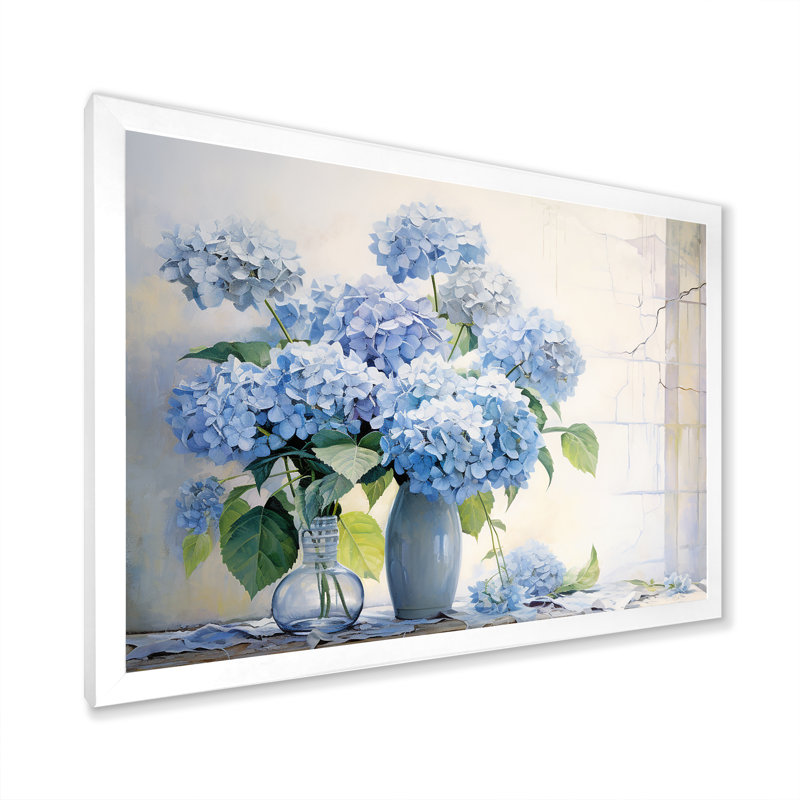 «Blue Hydrangea Farmhouse Still Life - Hydrangea», reproduction d'art sur toile, Cadre simple blanc