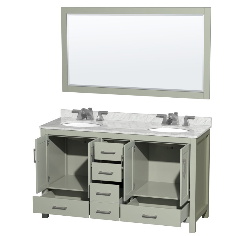 Sheffield 60" Double Bathroom Vanity Set with Mirror, Brushed Nickel, Light Green