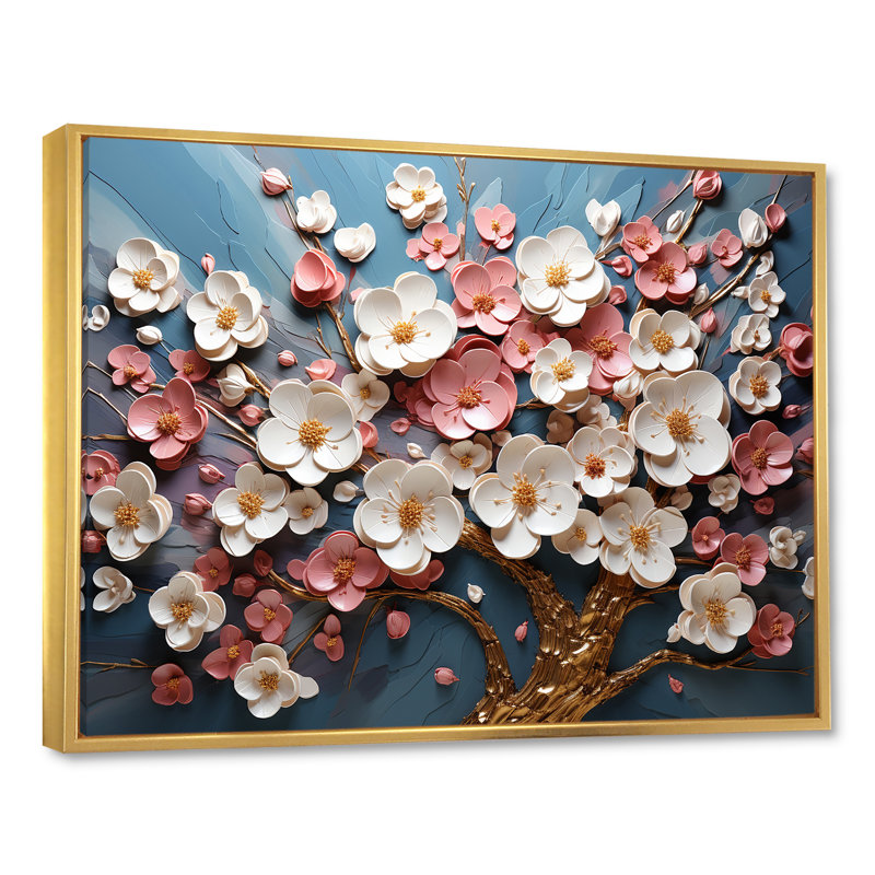 Orchidée rose et or jardin de branches I - art mural arbre, Cadre flottant doré, H 34 po x l 44 po x P 1,5 po