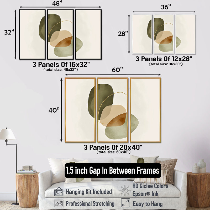 Formes abstraites dans des tons verts et bruns - ensemble d'art mural moderne Mid-Century, H 32 po x l 48 po, Noir