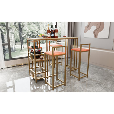 -piece bar table and chair set with gold frame, multi-layer tabletop, sponge cushions, orange upholstery