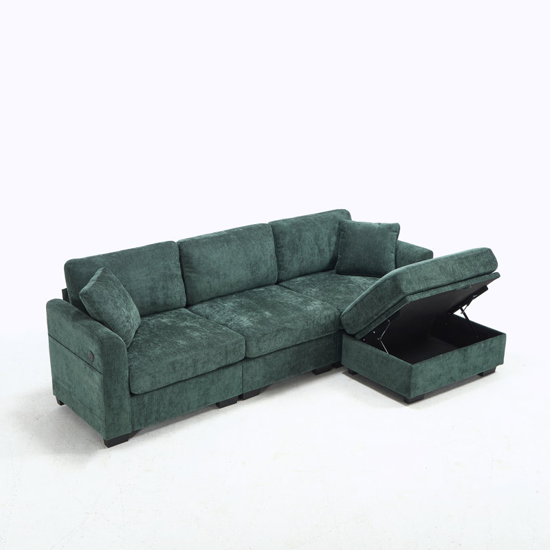 Canapé moderne modulaire avec double USB, 2 poches latérales et banc de rangement, Tissu vert